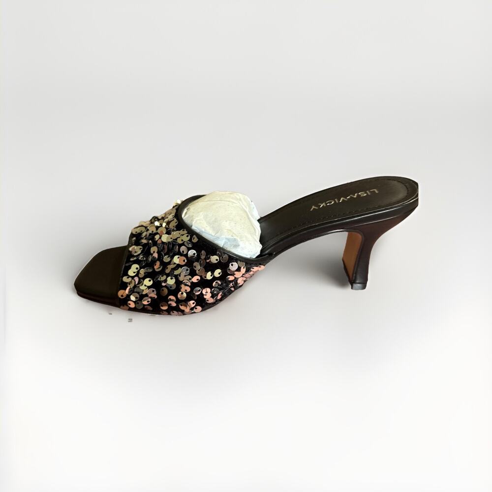 Lisa Vicky Pretty-V Black Slide Sandal Platinum Black Sequins Size 7 Heels - Picture 5 of 9